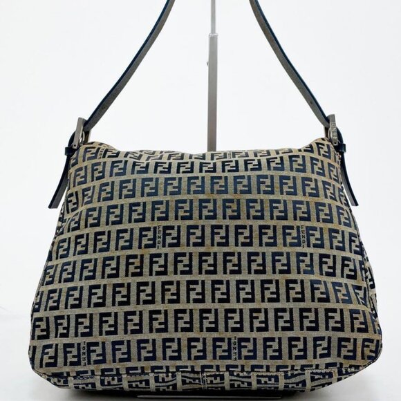 Authentic FENDI Mamma Zucca Bucket Baguette Navy Tan Flap Bag Purse Tote FF - Picture 4 of 13